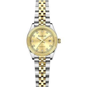 Women Silver Gold Watch with Stainless Steel Band and Calendar Water Resistant